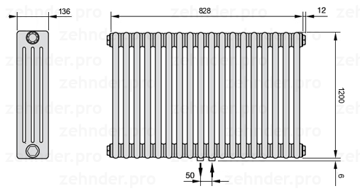 Схема (чертеж) Радиатор Zehnder Charleston 4120/18 №5410 Белый глянцевый RAL 9016